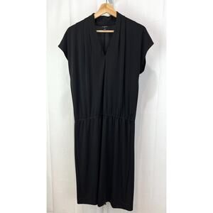 TALBOTS Size Petite M PM Cap Sleeve Blouson Dress V-Neck Knee Length Black